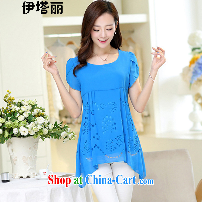 The 618 to 618 maximum to the Lai 2015 summer new Korean girls in long, cultivating the code short-sleeve girls T-shirt snow woven shirts 6508 blue 5 XL