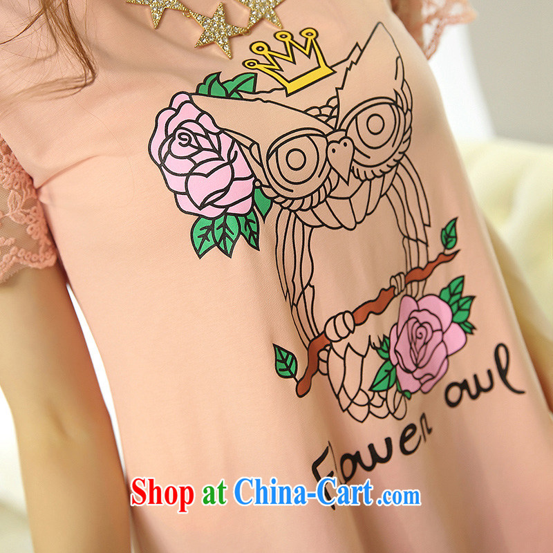Morning would be 2015 summer New, and indeed increase, women with emphasis on cultivating mm video thin female lace stitching owl stamp short-sleeved T-shirt T-shirt woman white 2XL, morning, and shopping on the Internet