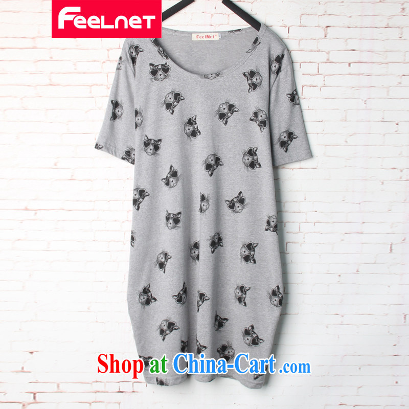 feelnet larger women mm thick summer new Korean loose video thin, long, stamp duty short-sleeved T pension 1589 gray 44 code_recommendations 45 - 80 kg