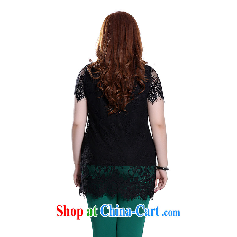 Slim LI Sau 2015 summer new, larger female simple round-collar girls ironing the fine lace cover leave of two parts, long lace shirt Q 7868 black 3 XL, slim Li-su, and shopping on the Internet