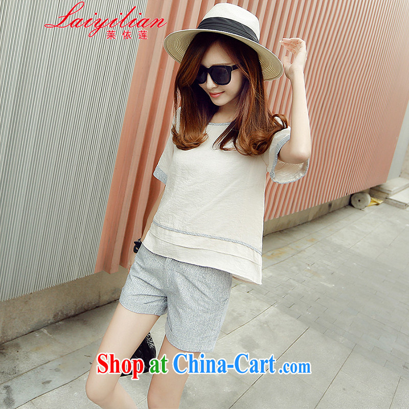 In Hualien's European site 2015 summer two-piece stitching linen short-sleeve shirt T 3 shorts, cotton the package m White L, according to Lin (Laiyilian), shopping on the Internet