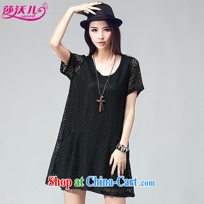 Elizabeth's Kosovo's new summer a large number women fashion style woven embroidery Openwork grid loose round-collar short-sleeve thick mm dresses D 2035 black 4XL