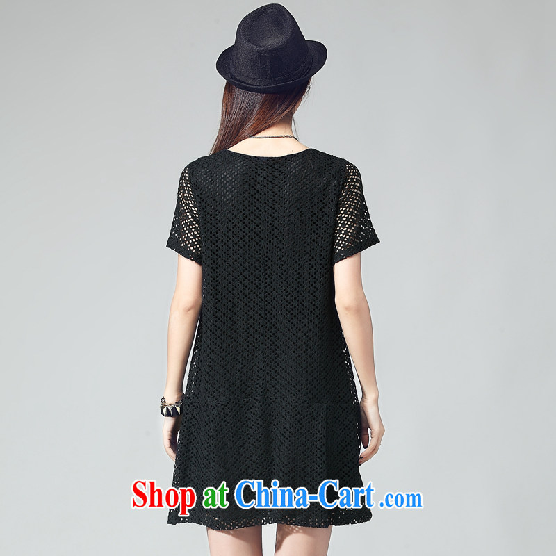 Elizabeth Kosovo's new summer, the Code women's clothing fashion style woven embroidery Openwork grid loose round-collar short-sleeve thick mm dresses D 2035 black 4XL de Kosovo (savoil), online shopping