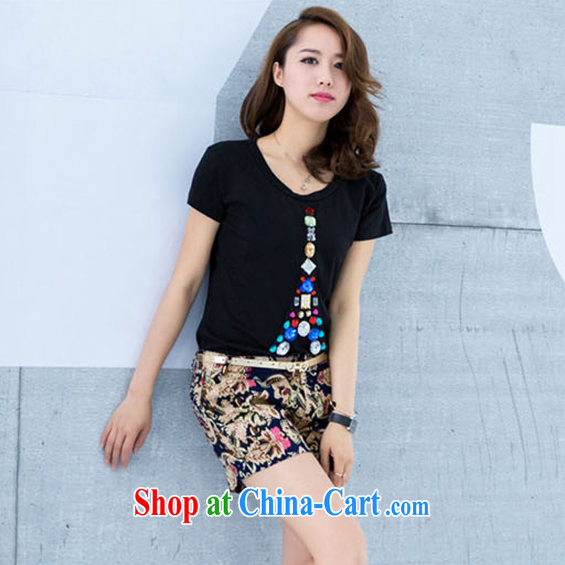 The XL girls thick mm summer 2015 new the obese sister graphics thin stretch short pants leisure 100 cultivating ground stamp hot pants stitching thick mm Map Color 6 XL, BS, shopping on the Internet