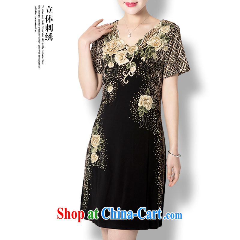 High quality middle-aged ladies dress gold embroidery hot drill 2015 summer new, rich MOM load the Code, older women with short-sleeved dresses gold XXXXL