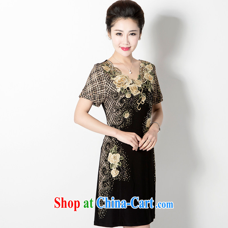 High quality middle-aged ladies dress gold embroidery hot drill 2015 summer new, rich MOM load the code middle-aged and older women with short-sleeved dresses gold XXXXL, Kim Ho-ad, shopping on the Internet