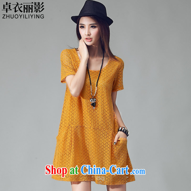 Mr Cheuk Yi Lai shadow larger female 2015 summer Korean version of the new Leisure simple plain colored short-sleeve embroidery Openwork graphics thin dresses 2035 Kang yellow 4 XL
