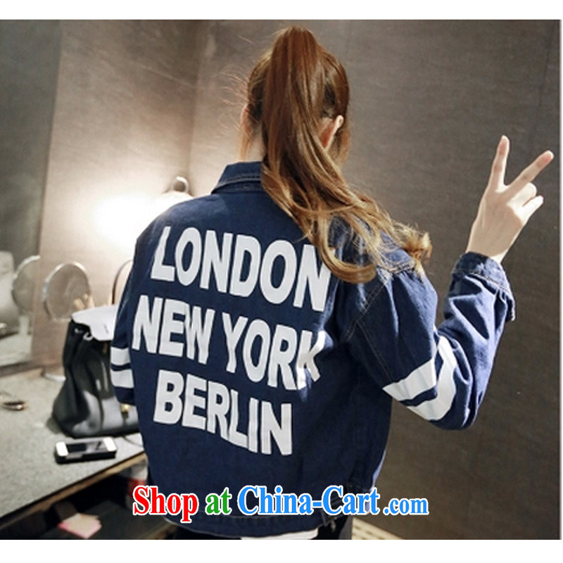 Summer thin Korean version of the greater code short, relaxed couple letters stamp long-sleeved T-shirt and blue jeans jacket Women's weekend honey dark quality version XL, troubling (NIXING), online shopping