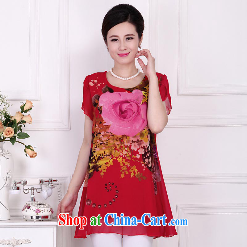 The line spend a lot code women summer 2015 New Leisure, long, snow dyeing woven Peony short-sleeved shirt T A 5 4838 red 5 XL, sea routes, and, shopping on the Internet