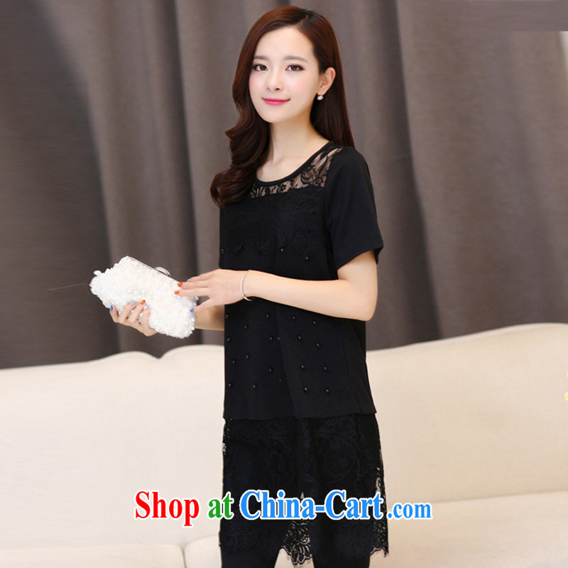 M 姂 2015 summer new, larger female 100 ground loose lace spell series dress 2195 black XXL, M 姂, shopping on the Internet