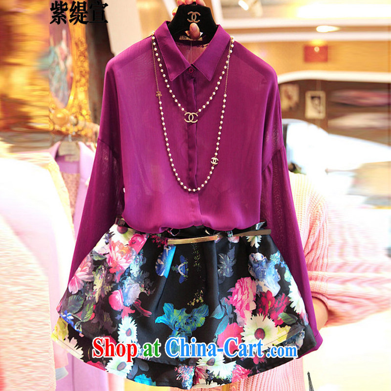Purple long-sun spring and summer new thick mm larger female graphics thin two-piece snow-woven shirts long-sleeved T-shirt T-shirt + stamp duty body short skirt 7155 #5 XL 180 - 200 Jack left and right, and first economy, Sun, and shopping on the Internet
