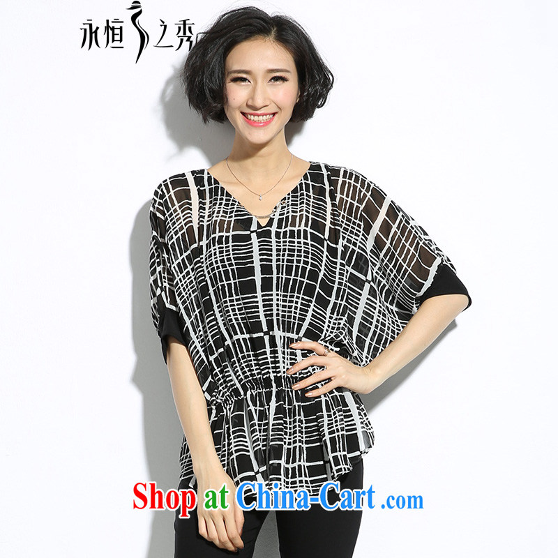 Eternal show the code women mm thick summer new Snow woven shirts thick sister fat, video thin, Korea V version for black and white plaid print the waist relaxed T-shirt black 2XL