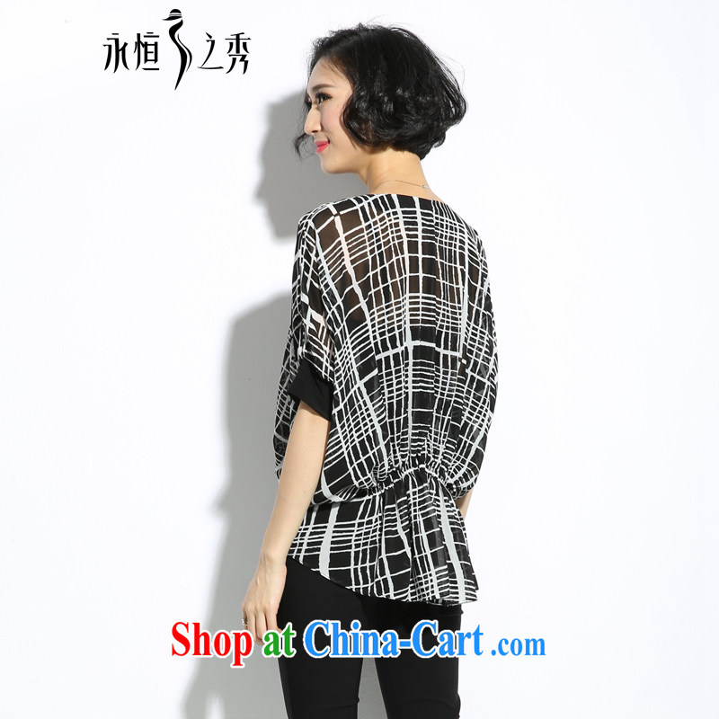 Eternal show the code women mm thick summer new Snow woven shirts thick sister fat, video thin, Korea V version for black and white plaid print the waist relaxed T-shirt black 2XL, eternal, and the show, and shopping on the Internet