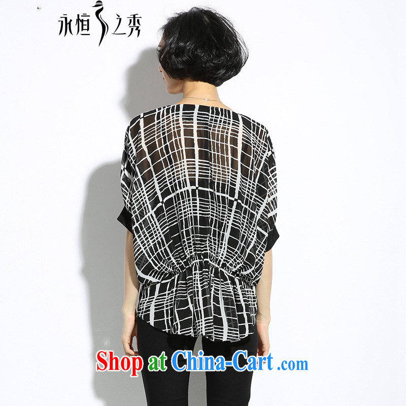 Eternal show the code women mm thick summer new Snow woven shirts thick sister fat, video thin, Korea V version for black and white plaid print the waist relaxed T-shirt black 2XL, eternal, and the show, and shopping on the Internet