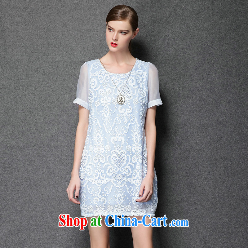 Connie's dream summer 2015 new Europe and America, the Code women mm thick stylish yarn Web lace-like flowers and elegant short-sleeved dresses Y 3389 light blue XXXXL, Connie dreams, shopping on the Internet