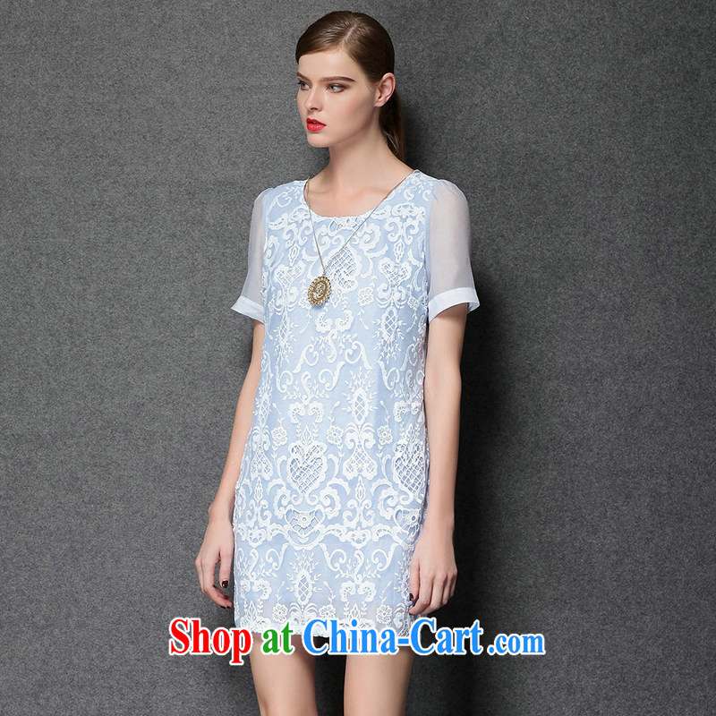 Connie's dream summer 2015 new Europe and America, the Code women mm thick stylish yarn Web lace-like flowers and elegant short-sleeved dresses Y 3389 light blue XXXXL, Connie dreams, shopping on the Internet