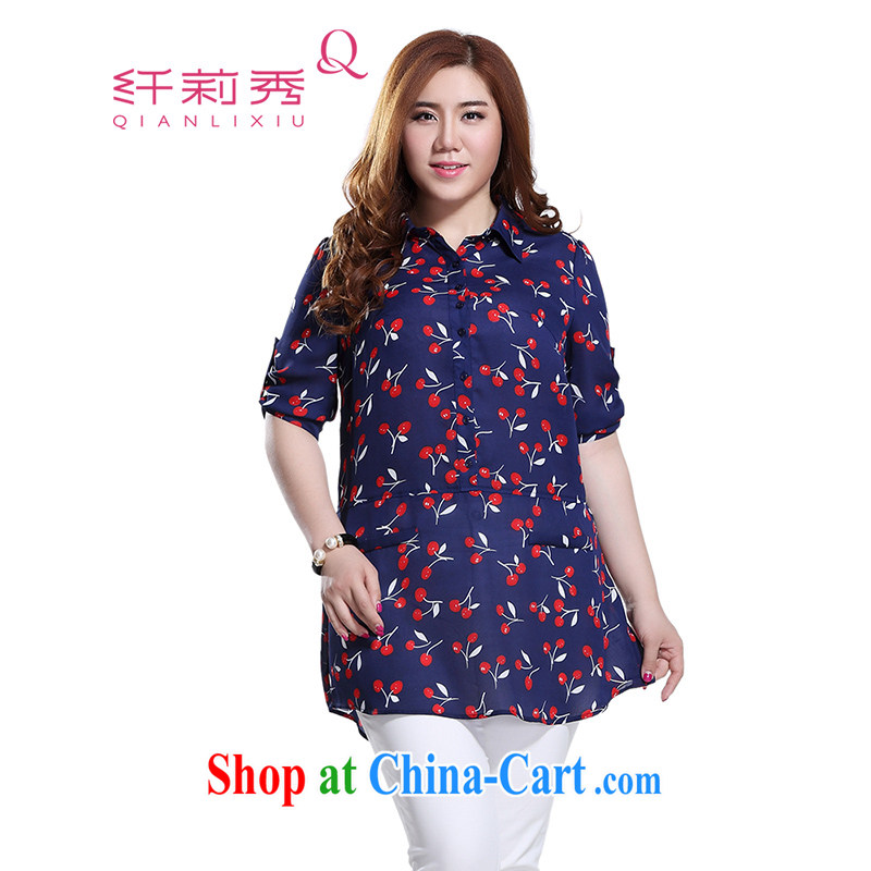 Slim Li-su 2015 summer new, larger clothes and stylish lapel stamp leisure 5 cuff 100 ground snow in woven long long shirt T-shirt Q 8518 blue 5 XL