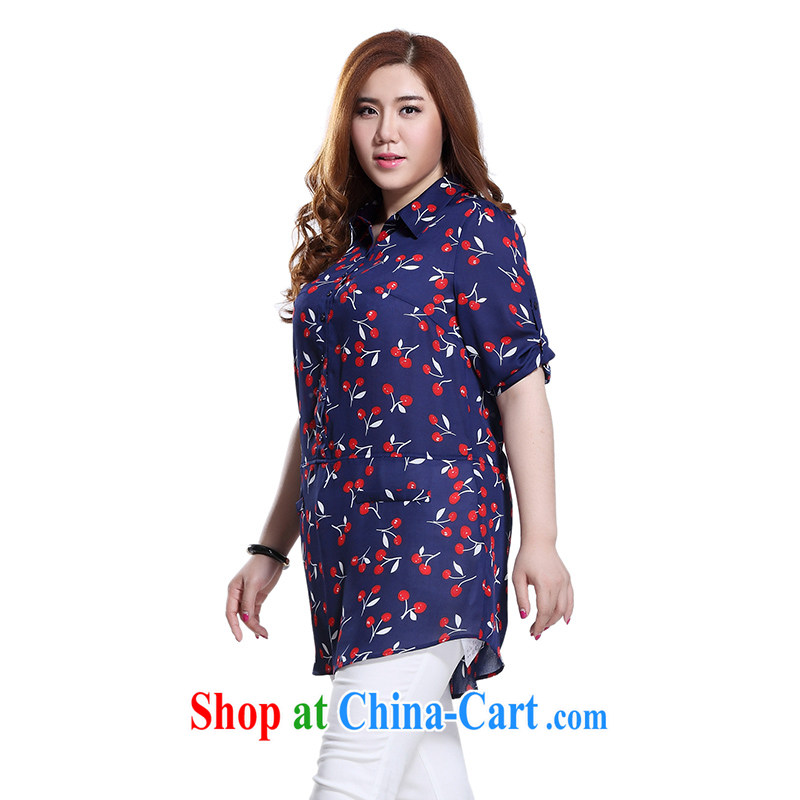 Slim Li-su 2015 summer new, larger clothes and stylish lapel stamp leisure 5 cuff 100 ground snow in woven long long shirt T-shirt Q 8518 blue 5 XL, slim Li-su, and shopping on the Internet