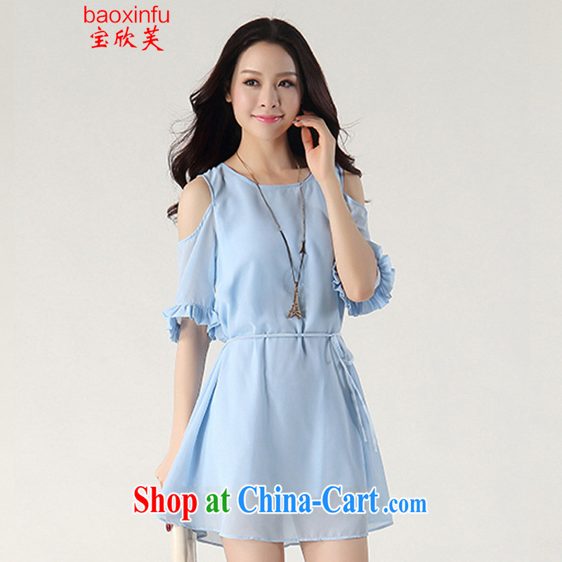 Baoxinfu in summer 2015, the female short-sleeved bare shoulders dress Korean version of the new, the fat loose fat MM female 360 water blue XXL, Baoxinfu, shopping on the Internet
