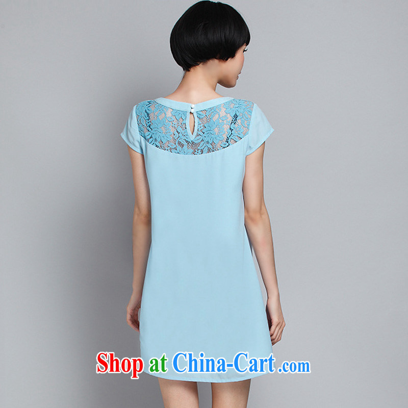 Morning would be 2015 summer new thick mm minimalist fresh and stylish lace stitching snow woven dresses and indeed increase, the short-sleeved loose dress light blue 5 XL (recommendations 180 - 200 catties, morning, and shopping on the Internet