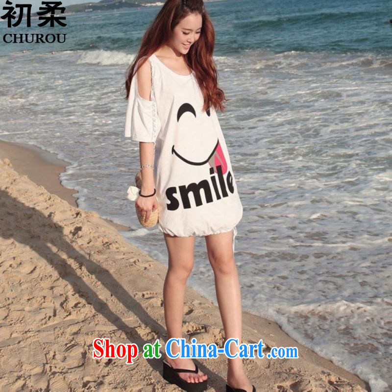 Flexible early summer stylish Korean version the code thick MM T-shirt sexy bare shoulders lovely smiley face stamp T pension 200 jack is wearing a white, code, the first Sophie (CHUROU), online shopping