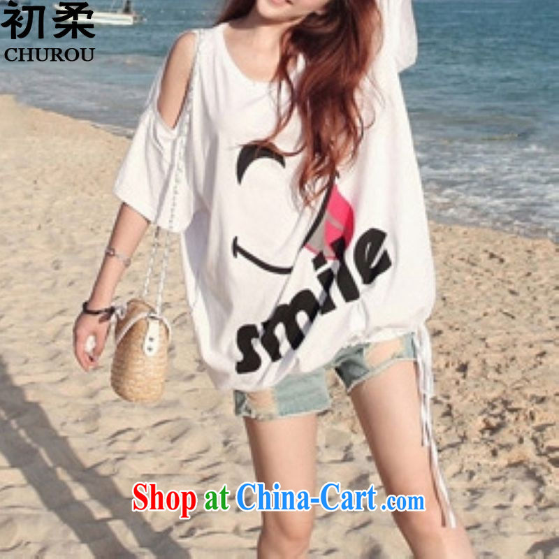Flexible early summer stylish Korean version the code thick MM T-shirt sexy bare shoulders lovely smiley face stamp T pension 200 jack is wearing a white, code, the first Sophie (CHUROU), online shopping