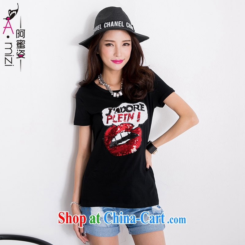 The honey beauty mm thick summer new, larger female short-sleeve with European and American van, cultivating black T pension women 9270 black XXL