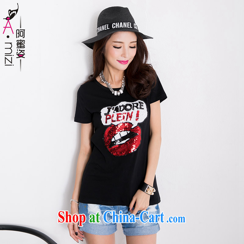 The honey beauty mm thick summer new, larger female short-sleeve crew-neck, Europe, cultivating black T pension women 9270 black XXL, honey beauty, shopping on the Internet