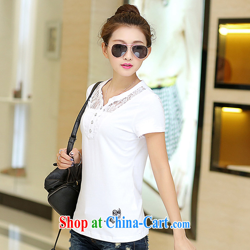 Australia, Robin 2015 summer lace stitching larger female solid shirt new minimalist buckle V short-sleeved room thick sister King female T shirt white 5XL (recommendations 185 - 200 jack), Australia, Robin (AOKROBIN), online shopping