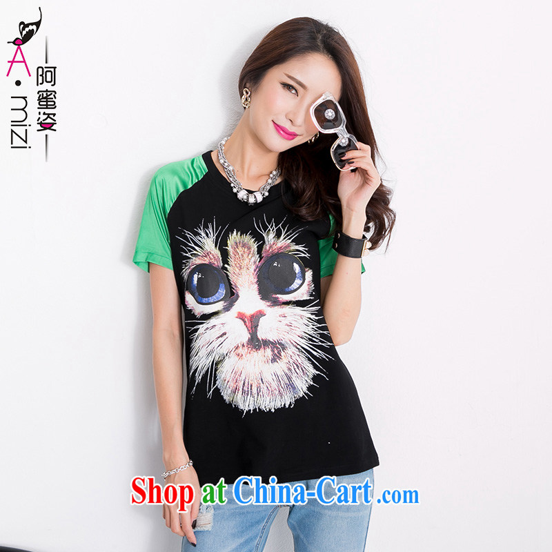 The honey and diverse thick mm King Size Code women summer 2015 new collision color kitten stamp loose large short-sleeved shirt T women 9276 black XXL
