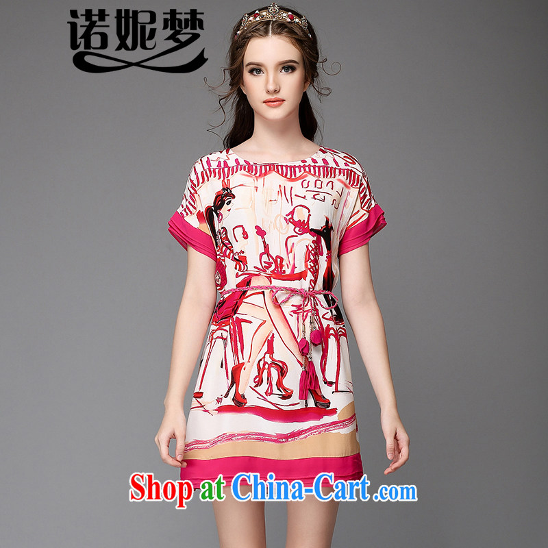 Connie's dream high-end in Europe and America, the female summer 2015 new thick mm stylish abstract stamp dress short-sleeve with waist chain G of 727 red 3XL