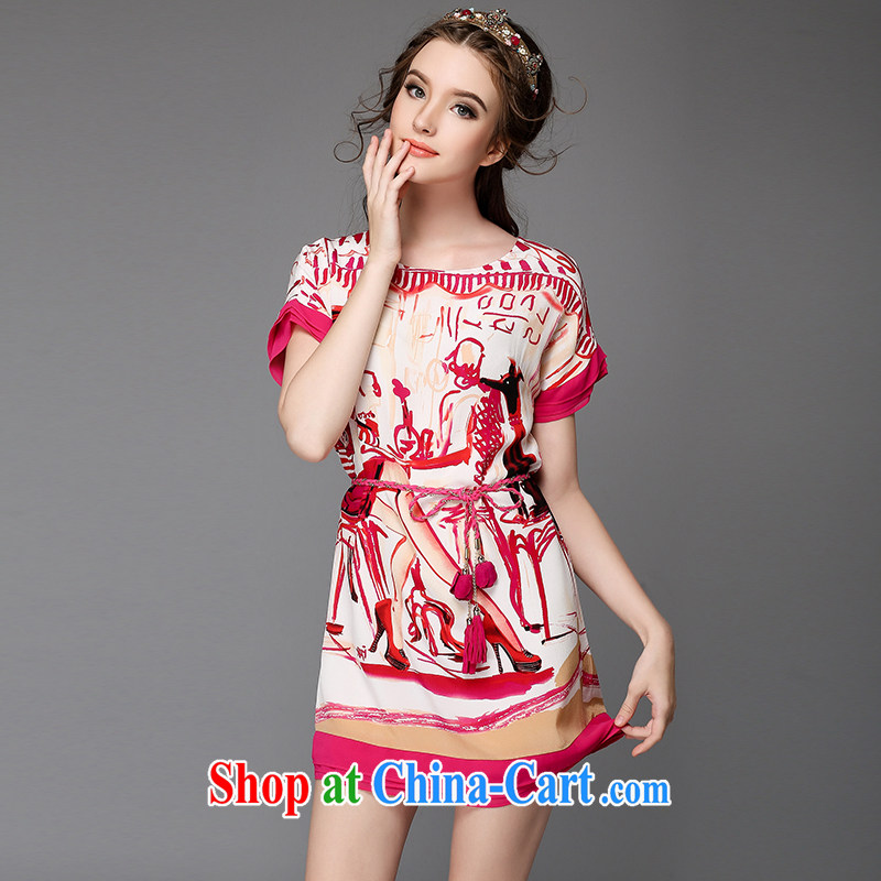 The Connie was a high-end European and American large, female summer 2015 new thick mm stylish abstract stamp dress short-sleeved fitted waist chain G of 727 red 3XL, Anne's dream, shopping on the Internet