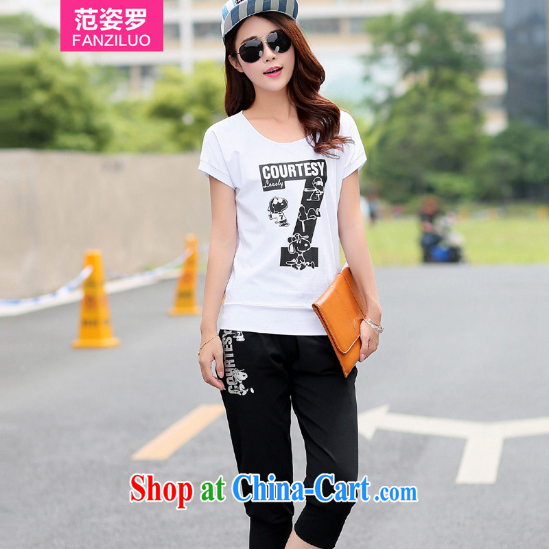 Van City, 200 The burden is increasing, female fat MM summer thick sister 2015 new Korean leisure stamp 7 pants two-piece short sleeve with white 4XL