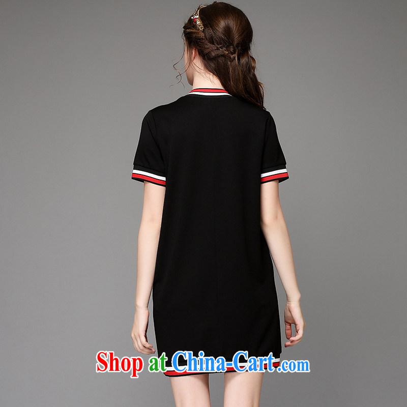 The Connie was a high-end European and American large, female summer 2015 new thick mm knocked color thread round style, stitching short-sleeve dresses G 736 black 4XL, the Connie dreams, shopping on the Internet