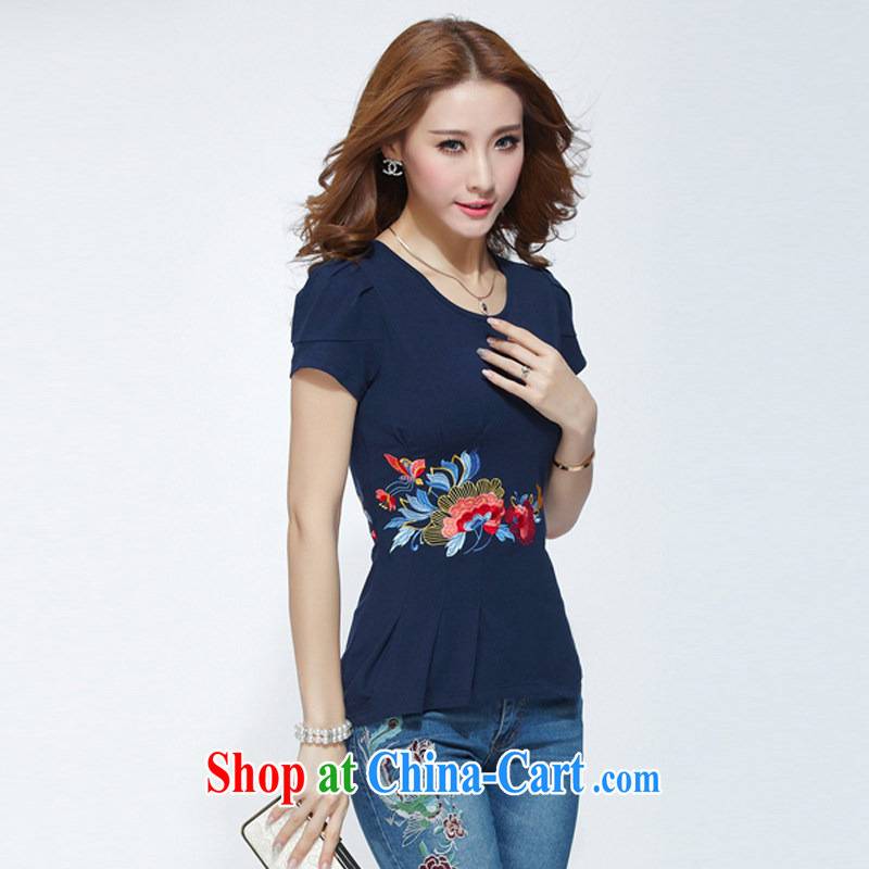 Van Gogh the buds 2015 new summer embroidery characteristics, with the beauty, female round-collar short-sleeve T-shirt girl dark blue XXXXL, Van Gogh the buds (FANYILEI), shopping on the Internet