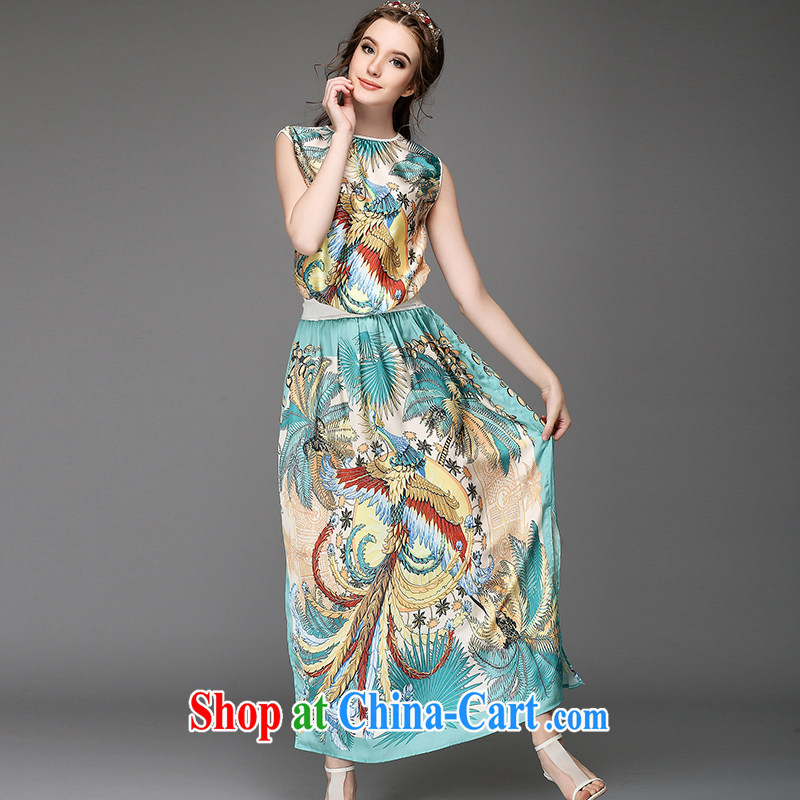 The Connie was a high-end European and American large, female summer new thick mm temperament Phoenix stamp beach skirt sleeveless long skirt Kit silk dresses two piece G suit 725 5 XL, Anne's dream, online shopping