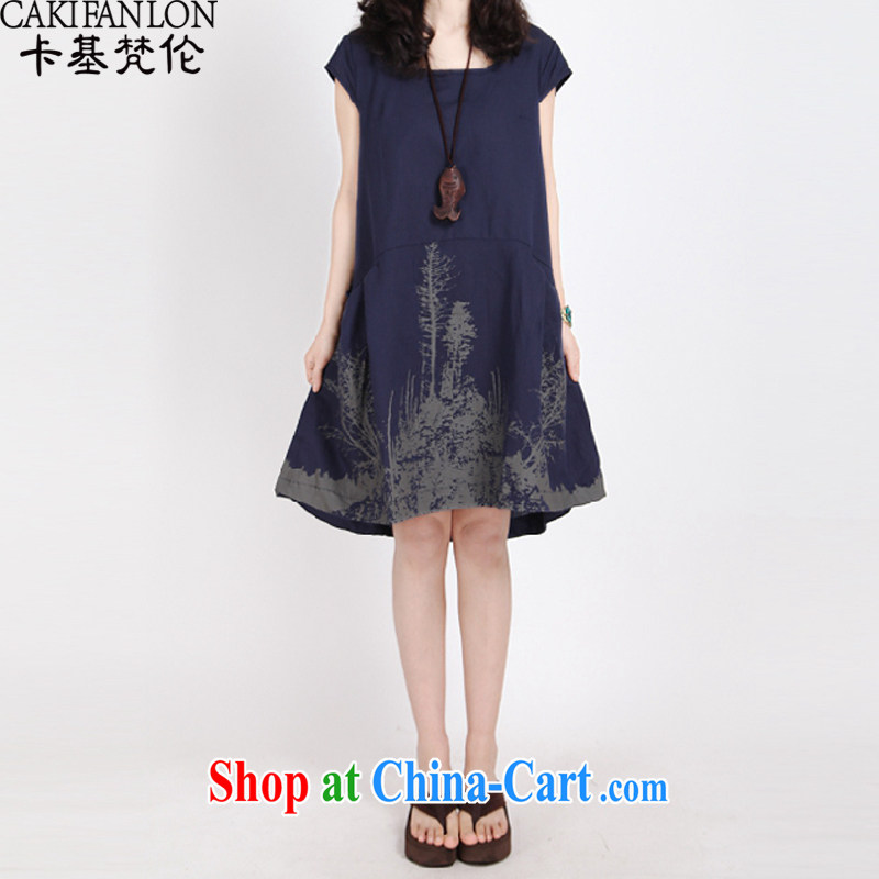 card-based Van Gogh, the Code women 2015 summer Women's leisure loose the code water and ink stamp duty cotton Ma short-sleeved dresses hidden cyan XXL