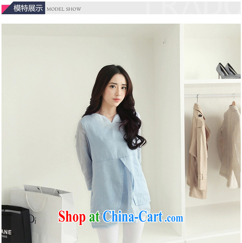 Only Blue Mei Yi 2015 T-shirt cotton the ladies shirt linen 7 V cuff collar shirt loose dolls T-shirt 1011 light blue 3 XL pictures, price, brand platters! Elections are good character, the national distribution, so why buy now enjoy more preferential! Health
