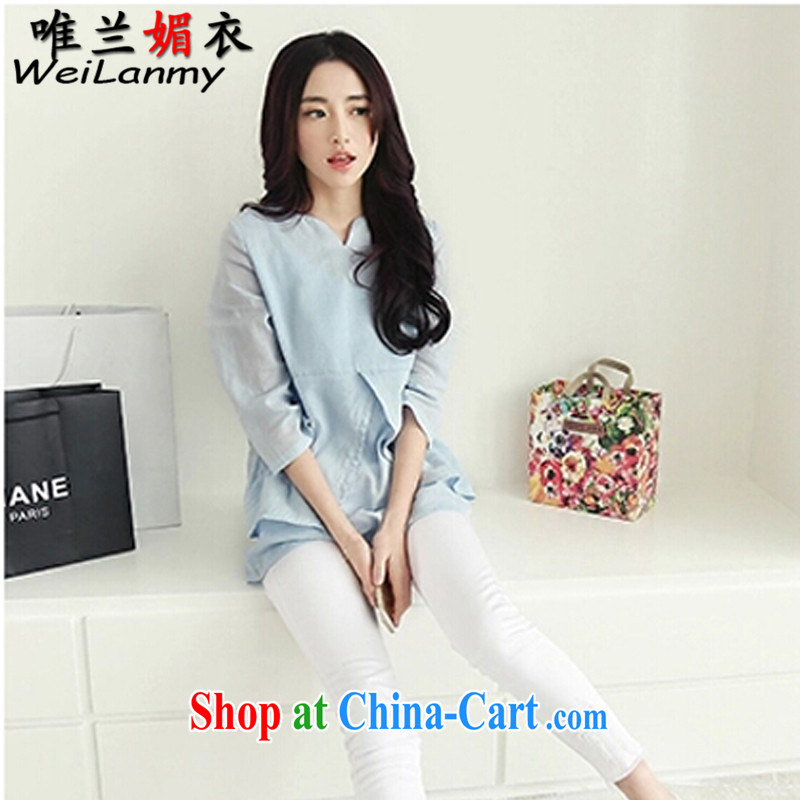Only Blue Mei Yi 2015 T-shirt cotton the ladies shirt linen 7 V cuff collar shirt loose dolls T-shirt 1011 light blue 3 XL