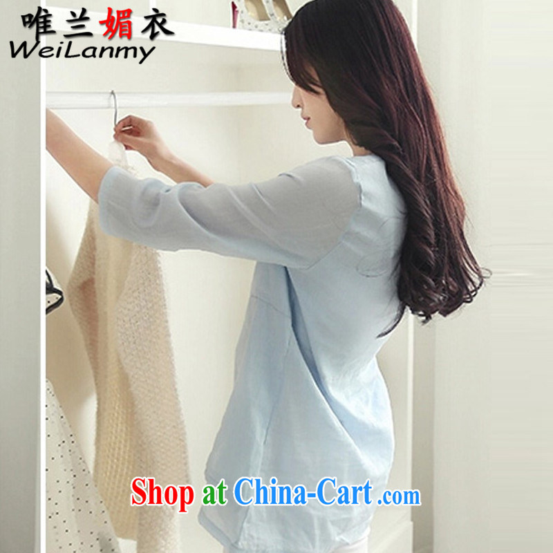 Only Blue Mei Yi 2015 T-shirt cotton the ladies shirt linen 7 V cuff collar shirt loose dolls T-shirt 1011 light blue 3 XL, only blue Mei Yi (WeiLanmy), online shopping