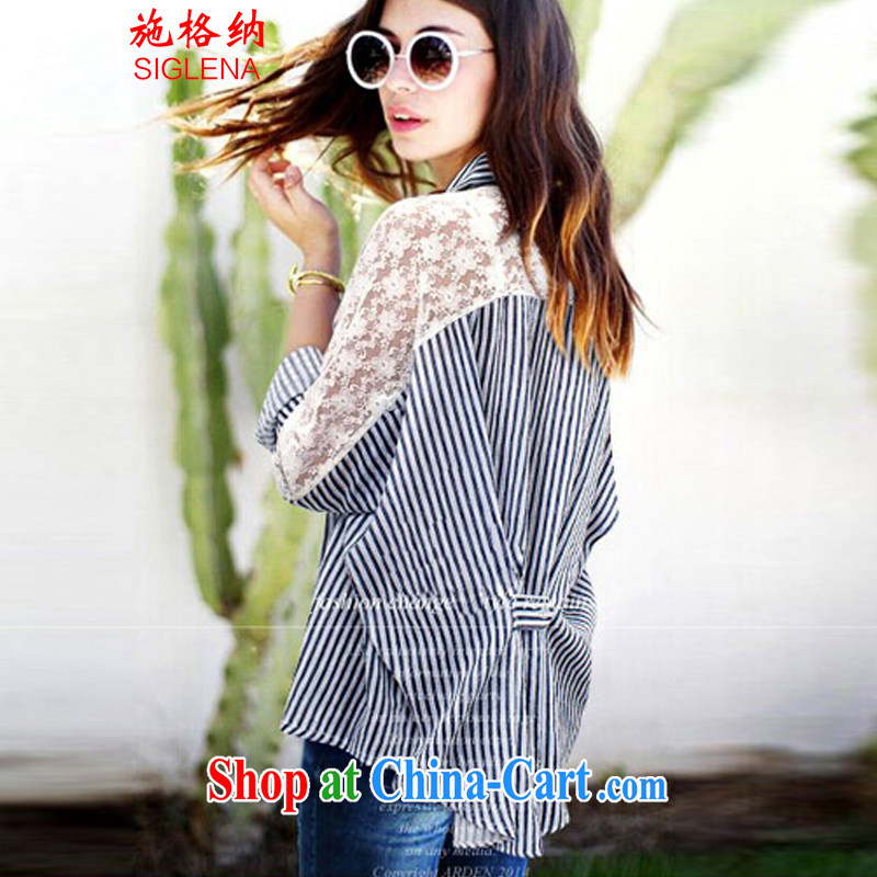 Rate the 2015 Summer in Europe and America, the female thick MM spring new streaks on T-shirt loose, long, 8565 bat dark blue XXXXXL, grid (SIGLENA), shopping on the Internet