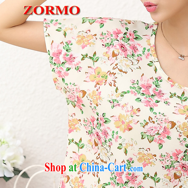The ZORMO code female summer mm thick and fat XL chopper Flower Snow woven Leisure package bat sleeves T shirt + shorts 2 piece peach 5 XL, ZORMO, shopping on the Internet