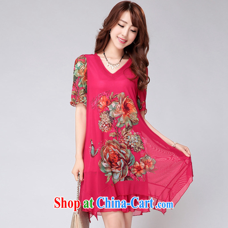Pi-optimized Connie new Korean loose the code load short-sleeved Ethnic Wind stamp dress girls summer thick MM skirt V BW for 927,715 of red 4 XL, optimize, Connie, and shopping on the Internet