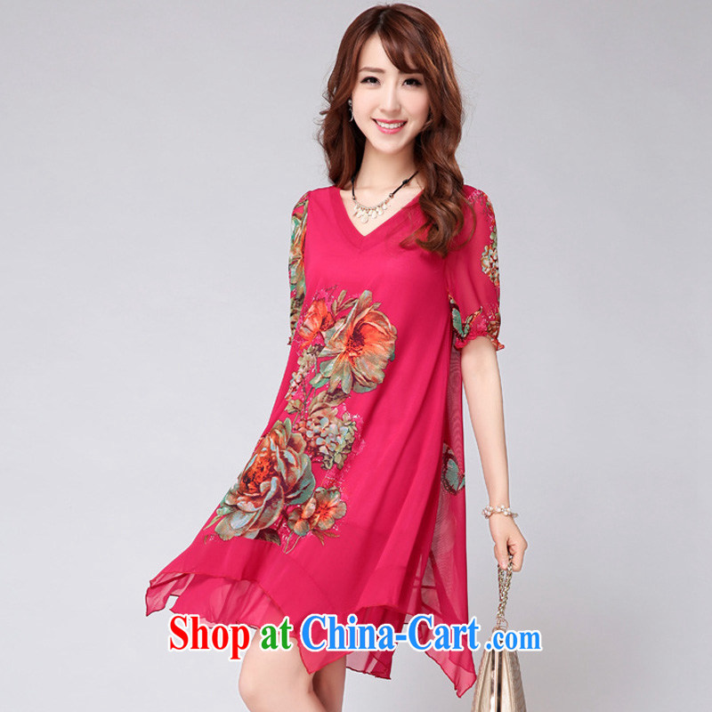 Pi-optimized Connie new Korean loose the code load short-sleeved Ethnic Wind stamp dress girls summer thick MM skirt V BW for 927,715 of red 4 XL, optimize, Connie, and shopping on the Internet