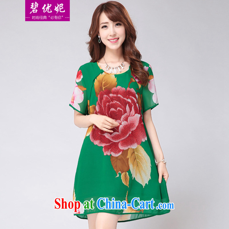 Pi-optimized Connie new Korean loose the code load short-sleeve Ethnic Wind stamp dress girls summer thick MM the forklift truck BW skirts 927,713 green 4 XL