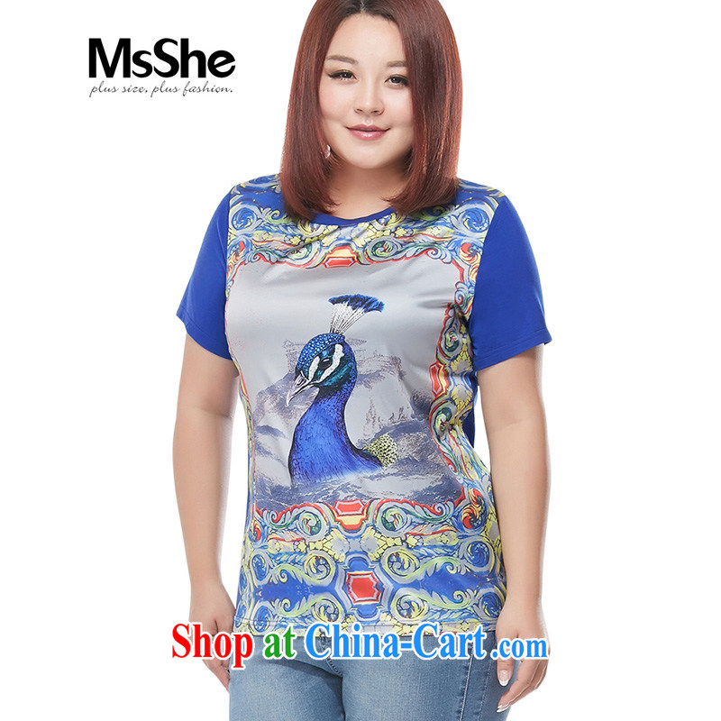 MSSHE XL ladies' short-sleeve T-shirt 2015 new summer Peacock stamp elastic, cotton T-shirt T-shirt 4088 royal blue 5 XL