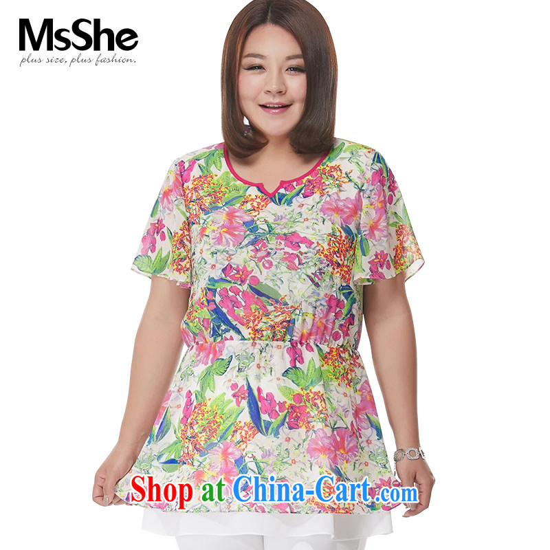 MSSHE XL ladies' 2015 new summer stamp flouncing with round-collar snow woven shirts V collar 4486 suit 4 XL