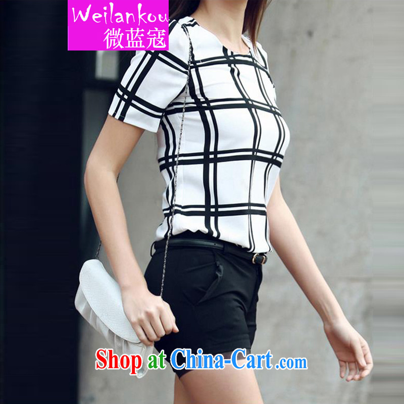 Micro-blue Curtis 2015 summer new short-sleeved snow woven shirts thick MM black-and-white checkered loose video thin shirt, black-and-white checkered 5 L, Ms Audrey EU blue Kou (WEILANKOU), online shopping