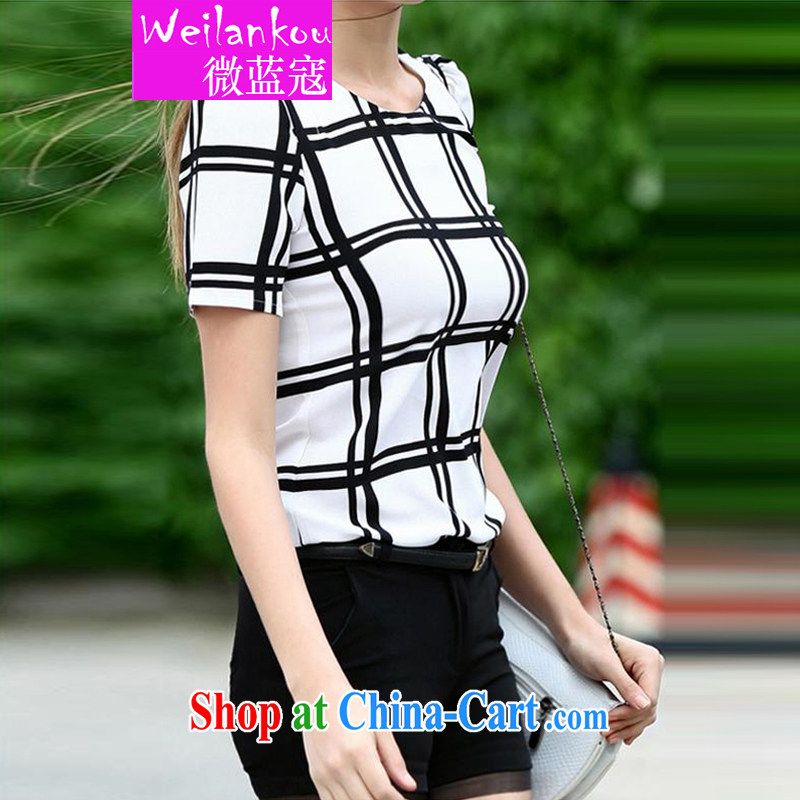 Micro-blue Curtis 2015 summer new short-sleeved snow woven shirts thick MM black-and-white checkered loose video thin shirt, black-and-white checkered 5 L, Ms Audrey EU blue Kou (WEILANKOU), online shopping