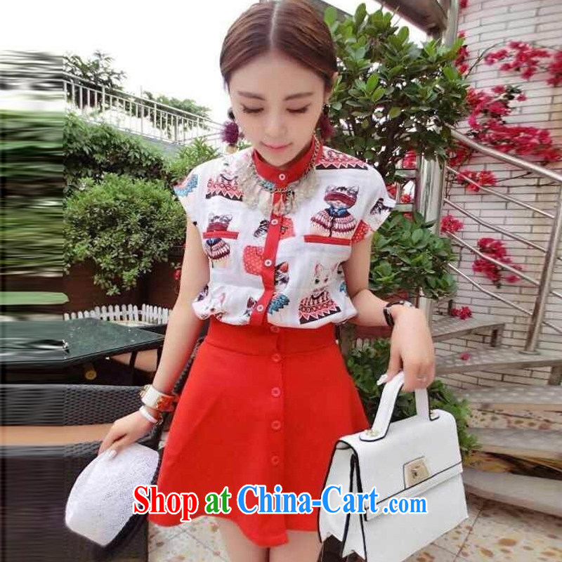 First economy Sun Korean summer new women with thick mm stylish two-piece kitten stamp snow woven shirts shirt T-shirt + short skirt 7219 #5 XL 180 - 200 jack, first economy Sun, shopping on the Internet